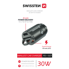 Zásuvka CL SWISSTEN USB-C + SUPER CHARGE 3.0 30W NANO stříbrný NEW 3/2023