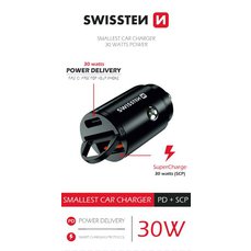 Zásuvka CL SWISSTEN USB-C + SUPER CHARGE 3.0 30W NANO černý NEW 3/2023